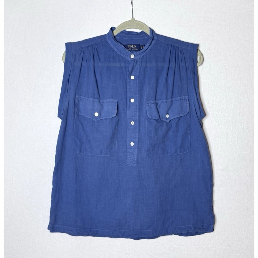 Polo Ralph Lauren Top‎ Sz 12 Popover Button Gauze Cotton Summer Preppy Prep Blue